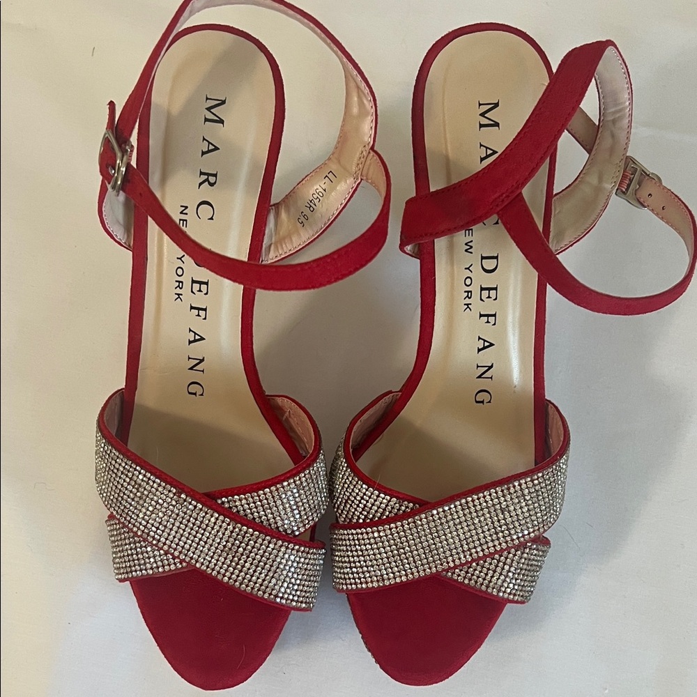 Marc Defang Red and Silver Strappy Heels